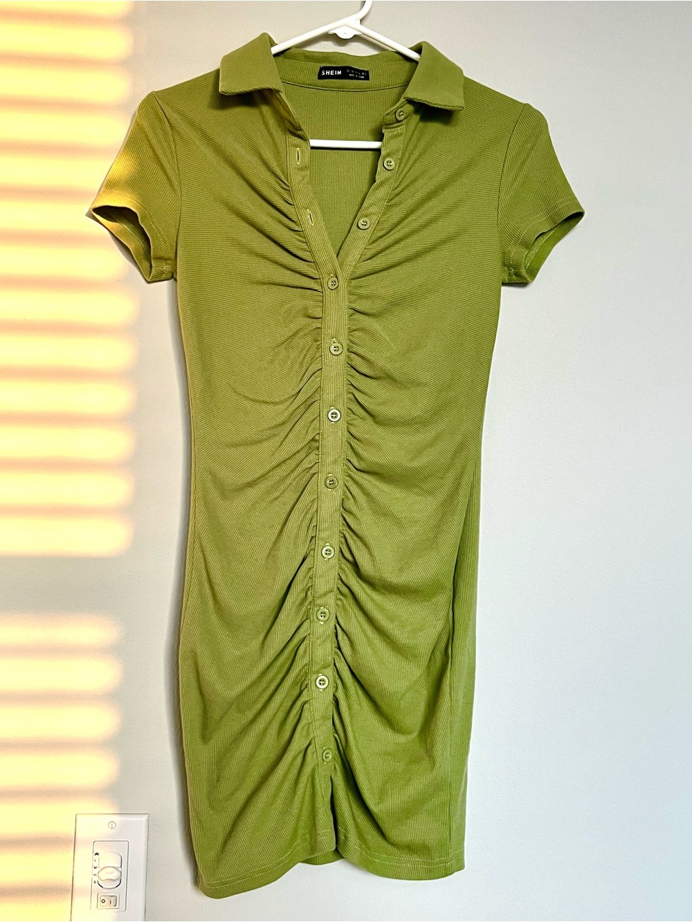SHEIN Olive Green Ruched Button-Front Polo Mini Dress